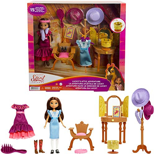 Mattel Spirit Untamed Luckys Attic Adventure Playset, Lucky Doll -7-in- with Vanity, Chair, Hat Rack, Zoetrope, Extra Outfit, Boots  and  Accessories, Great Gift for Ages 3 Years Old  and  Up
