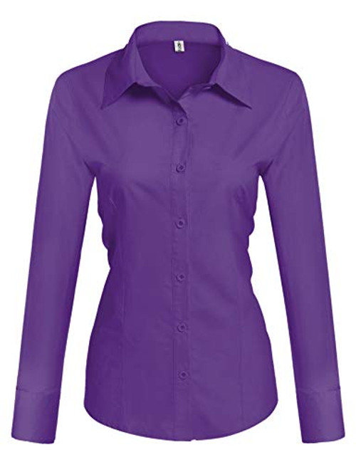 Hotouch Womens Tailored Long Sleeve Button Down Shirt Slim Fitted Dress Shirts -Purple M-