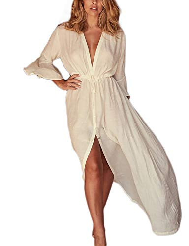 Bsubseach Women Flare Sleeve Button Up Long Bikini Swimsuit Cover Up White Open Front Beach Kimono Cardigan