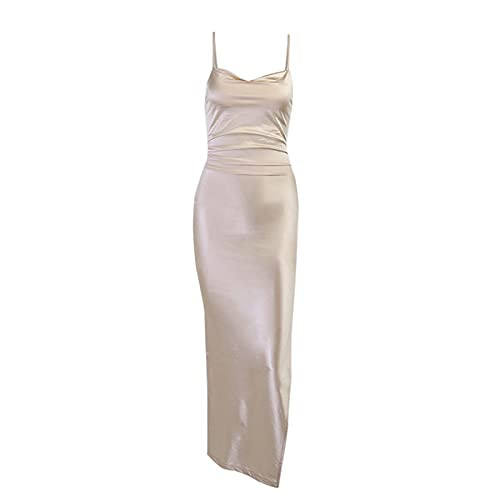 Womens Spaghetti Strap Satin Midi Dress Cowl Neck Backless Silky High Split Evening Party Cocktail Bodycon Dresses Champagne Womens Spaghetti Strap Satin Midi Dress Cowl Neck Backless Silky High Split Evening Party Cocktail Bodycon Dresses Champagne