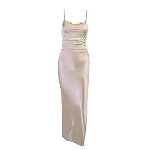 Womens Spaghetti Strap Satin Midi Dress Cowl Neck Backless Silky High Split Evening Party Cocktail Bodycon Dresses Champagne