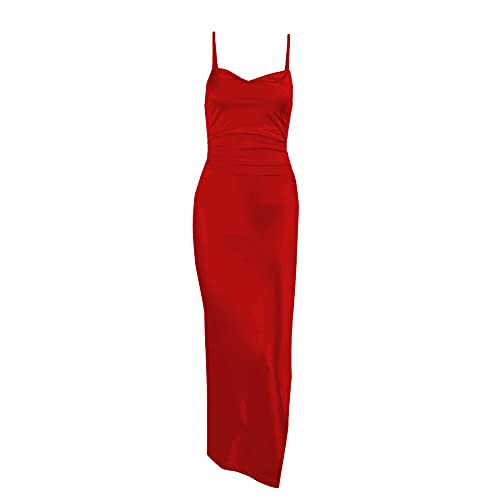 Womens Spaghetti Strap Satin Midi Dress Cowl Neck Backless Silky High Split Evening Party Cocktail Bodycon Dresses Red