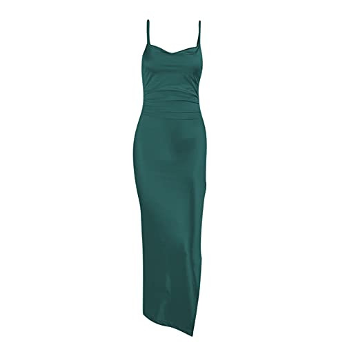 Womens Spaghetti Strap Satin Midi Dress Cowl Neck Backless Silky High Split Evening Party Cocktail Bodycon Dresses Green