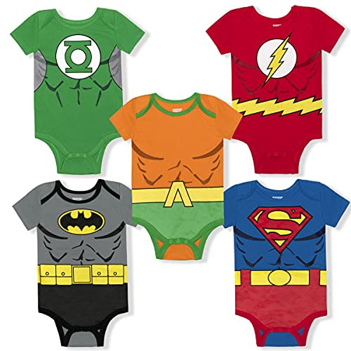 Warner Bros Justice League Boy's 5-Pack Character Creepers - Batman, Superman, Flash, Aquaman and Green Lantern, Size 3M Warner Bros Justice League Boy's 5-Pack Character Creepers - Batman, Superman, Flash, Aquaman and Green Lantern, Size 3M