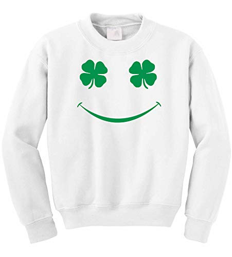 NuffSaid Shamrock Smiley Face St. Patrick's Day Pullover Sweatshirt - Unisex Paddy's Crew -Small, White-
