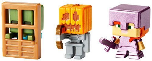 Minecraft Mini Figure 3-Pack, Alex with Enchanted Armor, Skeleton with Pumpkin Armor  and  Zombie At Door