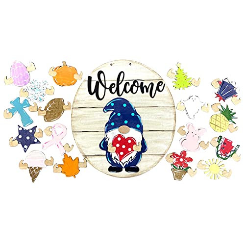Seasonal Welcome Sign with Interchangeable Holiday Pieces for Front Door Porch Hanging - Welcome Sign Porch Decor - The Lucky Gnome Door Hanger - Handmade Gnome Door Hanger for Housewarming Gift -B- Seasonal Welcome Sign with Interchangeable Holiday Pieces for Front Door Porch Hanging - Welcome Sign Porch Decor - The Lucky Gnome Door Hanger - Handmade Gnome Door Hanger for Housewarming Gift -B-