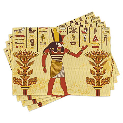 Ambesonne Ethnic Place Mats Set of 4, Egyptian Hieroglyph with Symbolic Figure Retro Myth Papyrus Graphic, Washable Fabric Placemats for Dining Room Kitchen Table Decor, Pale Yellow Marigold Red
