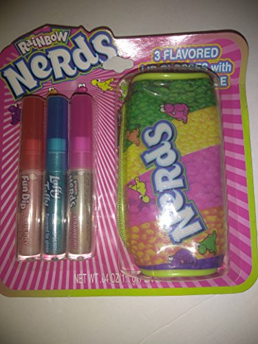 Rainbow Nerds 3 flavored lip glosses w/carrying case - Fun Dip Cherry, Laffy Taffy Blue Raspberry, Nerds Strawberry