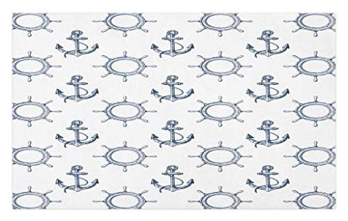 Lunarable Ships Wheel Doormat, Anchors and Steering Wheels Pattern Pirates Sailors Marine Themed Print, Decorative Polyester Floor Mat with Non-Skid Backing, 30" X 18", Night Blue White