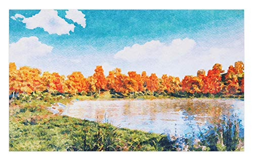 Ambesonne Oil Painting Doormat, Picturesque Lake Scene by Forest Trees Autumn Sunny, Decorative Polyester Floor Mat with Non-Skid Backing, 30" X 18", Orange Green