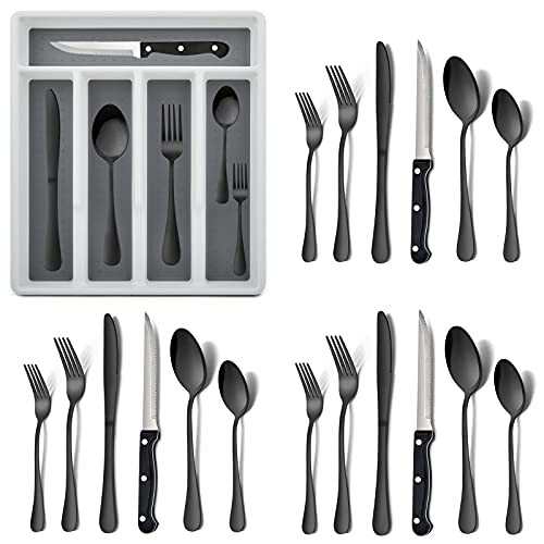 24-Piece Silverware Set with Flatware Drawer Organizer, HaWare Stainless Steel Cutlery Set with 4 Steak Knives, Eating Utensils Set Service for 4, Mirror Polished, Dishwasher Safe-Black