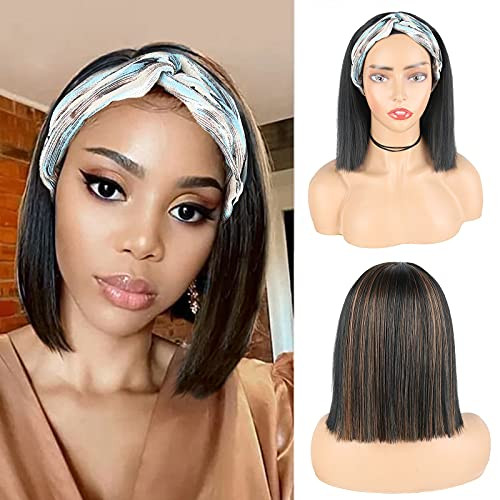Straight Bob Headband Wigs for Women Short Bob Wigs with Headband Attached Highlight Bob wig Ombre Black and Brown Wig Synthetic Headband Wig Bob Mixed Color Blunt Cut Bob Wig Headband With Headbands