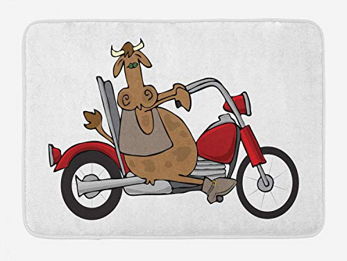 Ambesonne Motorcycle Bath Mat, Pattern of Cartoon Style Cow Riding a 2 Wheel Chopper on Plain Background, Plush Bathroom Decor Mat with Non Slip Backing, 29.5" X 17.5", Multicolor