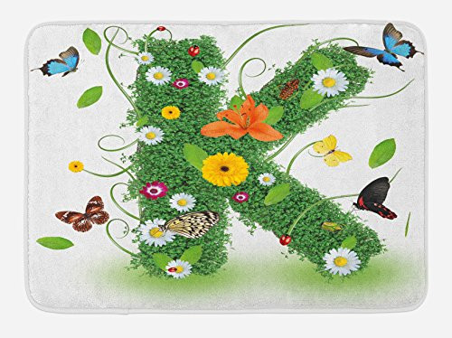Ambesonne Letter K Bath Mat, Uppercase K Green Themed Image with Nature Inspirations Animals Plant Life, Plush Bathroom Decor Mat with Non Slip Backing, 29.5" X 17.5", Green Multicolor