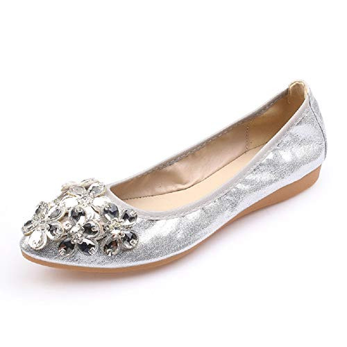 Tcesud Women Foldable Ballet Flats Shoes Sparkly Rhinestone Pointed Toe Comfort Slip On Flats Dress Shoes-11 B-M- US,Silver-