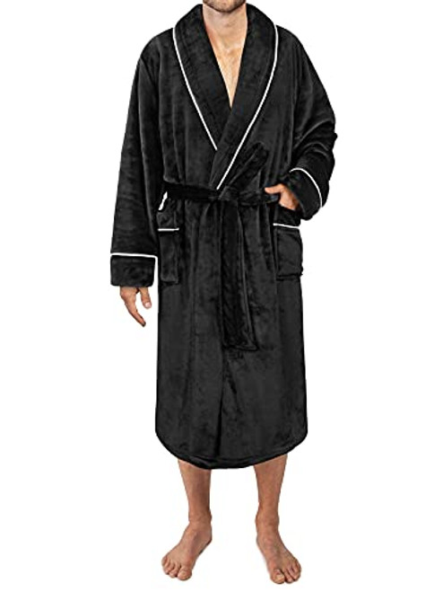 PAVILIA Mens Soft Robe, Black - Warm Fleece Robes for Men, Soft Spa Bathrobe with Piping, Shawl Collar, and Pockets -Black-