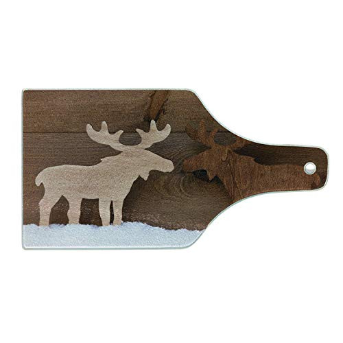 Lunarable Moose Cutting Board, Timber Elk Figure in Different Tones Romantic Noel Time Romance Joy Vintage Style, Decorative Tempered Glass Cutting and Serving Board, Wine Bottle Shape, Brown and Tan