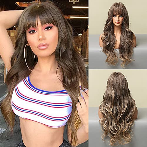 BOGSEA Brown mix Blonde-Highlights Wig with Bangs Long Wavy Wigs for Women Synthetic Wavy Wigs for Daily Party -Brown Mix Blonde- BOGSEA Brown mix Blonde-Highlights Wig with Bangs Long Wavy Wigs for Women Synthetic Wavy Wigs for Daily Party -Brown Mix Blonde-