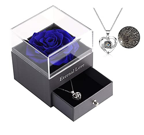 Preserved Real Rose with Love Heart I Love You Necklace 100 Languages Gift Set Handmade Flower Rose for Valentine's Day Anniversary Wedding?Blue? Preserved Real Rose with Love Heart I Love You Necklace 100 Languages Gift Set Handmade Flower Rose for Valentine's Day Anniversary Wedding?Blue?