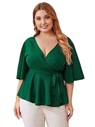 Romwe Women's Plus Size Ruffle Short Sleeve Wrap V Neck Belted Babydoll Tops Blouse Green1 3X Plus