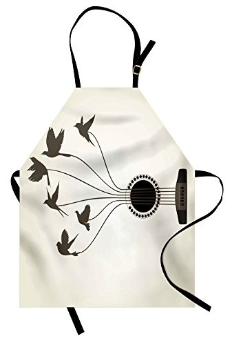 Lunarable Music Apron, Bird Silhouettes Flying from The Strings of The Guitar Abstract Illustration, Unisex Kitchen Bib Apron with Adjustable Neck for Cooking Baking Gardening, Sepia Black Beige