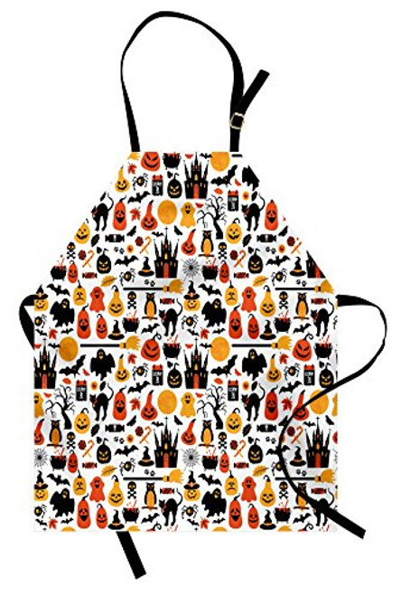 Lunarable Halloween Apron, Halloween Group Candies Owls Castles Ghosts October 31 Theme, Unisex Kitchen Bib with Adjustable Neck for Cooking Gardening, Adult Size, Orange Yellow