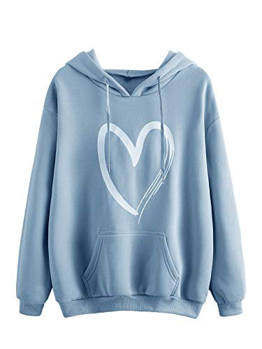 SweatyRocks Women's Casual Heart Print Long Sleeve Pullover Hoodie Sweatshirt Tops Heart Blue S