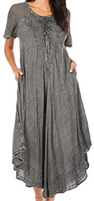 Sakkas 16603 - Egan Long Embroidered Caftan Dress/Cover Up with Embroidered Cap Sleeves - Grey - OS