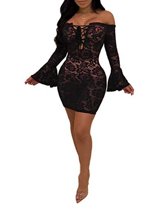 Women's Sexy See Through Flare Sleeve Dresses Elegant Off The Shoulder Party Club Lace Bodycon Mini Dress Lace Small Women's Sexy See Through Flare Sleeve Dresses Elegant Off The Shoulder Party Club Lace Bodycon Mini Dress Lace Small