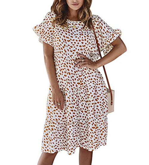 Ophestin Womens Floral Print Ruffle Short Sleeve Loose Swing Midi Dress Summer White Size M