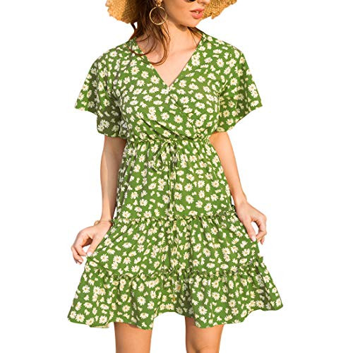 Ophestin Womens Floral Print Ruffle Short Sleeve Loose Swing Midi Dress Summer Green, Size L