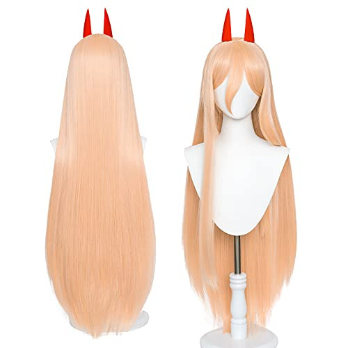 Uniquebe Orange Animen Wig Long Straight Power Cosplay Wig with Horns Hairpin for Chainsaw Man  plus Wig Cap
