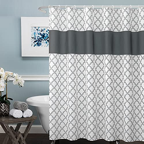YUNTAINN Moroccan Fabric Shower Curtain - Lattice Geometric Quatrefoil Pattern Striped Printed Waterproof Shower Curtain for Bathroom with 12 C-Shaped, 72 x 72 Inches Long, Grey