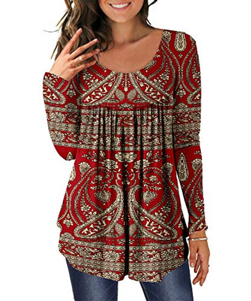 MAYAMANG Women's Floral Tunic Tops Casual Blouse V Neck Short Sleeve Buttons Up T-Shirts -2 Long sleeve-red, XX-Large-