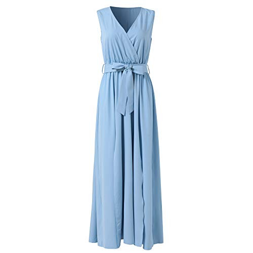 Women's Sleeveless V-Neck Wrap Casual Long Dress Cocktail Party Split Long Dress -Blue, X-Large-