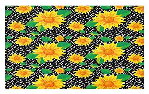 Lunarable Floral Doormat, View of Sunflowers on a Background of Monochrome Stripes, Decorative Polyester Floor Mat with Non-Skid Backing, 30" X 18", Charcoal Grey Yellow Orange and Green