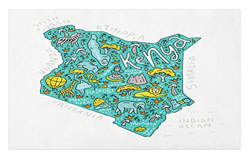 Lunarable Map Doormat, Illustration of Kenya Country Map with The and Lettering, Decorative Polyester Floor Mat with Non-Skid Backing, 30" X 18", Turquoise Yellow Orange Pale Grey