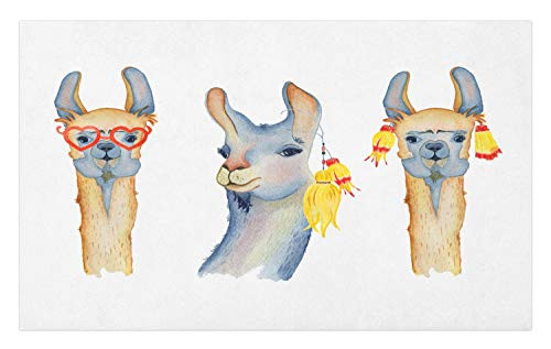 Lunarable Alpaca Doormat, Hand Painted Characters Illustration Funny Ornamental, Decorative Polyester Floor Mat with Non-Skid Backing, 30" X 18", Blue Grey Orange