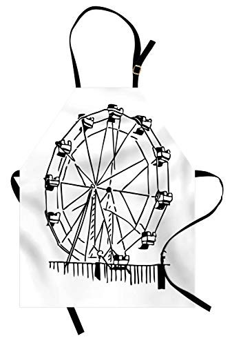 Lunarable Ferris Wheel Apron, Monochrome Simplistic Design Amusement Park Sketchy Ride, Unisex Kitchen Bib with Adjustable Neck for Cooking Gardening, Adult Size, Charcoal Grey White