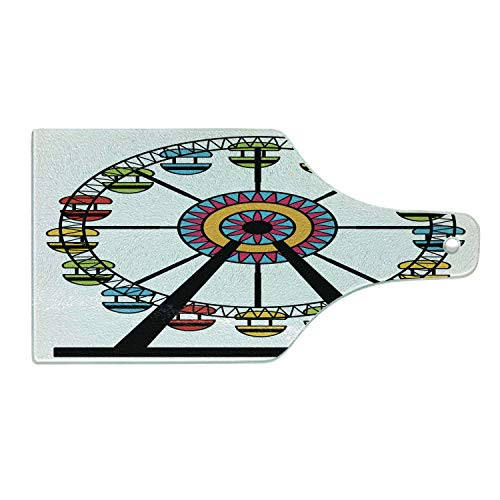Lunarable Ferris Wheel Cutting Board, Funny Simple Amusement Park Ride with Flower Center and Colorful Cabins Image, Decorative Tempered Glass Cutting and Serving Board, Wine Bottle Shape, Multicolor