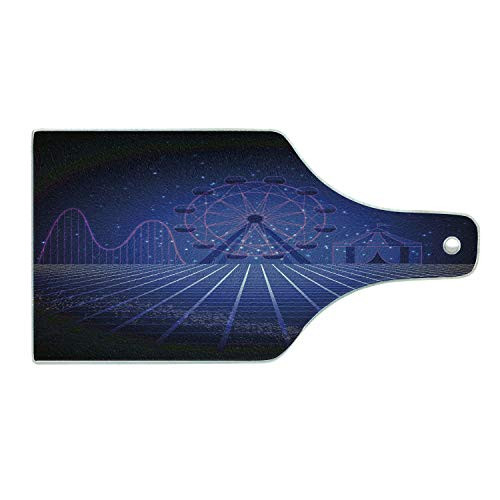 Lunarable Ferris Wheel Cutting Board, Abstract Futuristic Design of Amusement Park, Decorative Tempered Glass Cutting and Serving Board, Wine Bottle Shape, Grey Violet Blue