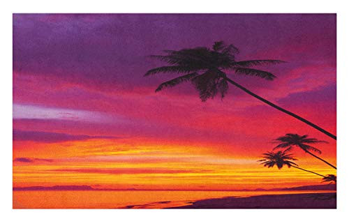 Lunarable Sea Sunset Doormat, Picturesque Sky in Pastel with Coconut Palms at Dawn Tranquil Coast, Decorative Polyester Floor Mat with Non-Skid Backing, 30" X 18", Purple Orange Marigold