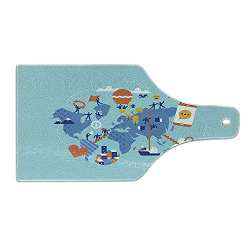 Lunarable Globe Cutting Board, Social Media Motifs Inspired Flat Art World Map Illustration Art Print, Decorative Tempered Glass Cutting and Serving Board, Wine Bottle Shape, Pale Blue and Multicolor