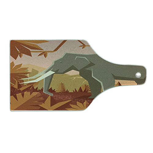Lunarable Animal Cutting Board, Flat Geometric Illustration of Elephant Standing in Autumn Forest, Decorative Tempered Glass Cutting and Serving Board, Wine Bottle Shape, Pale Salmon Dimgray