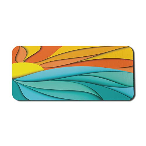 Lunarable Sun Computer Mouse Pad, Abstract Sunset and Sunrise Concept Ocean Sea Waves Backdrop, Rectangle Non-Slip Rubber Mousepad X-Large, 35" x 15" Gaming Size, Turquoise Orange