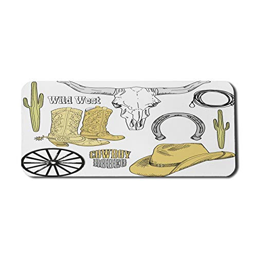 Lunarable Western Computer Mouse Pad, Cowboy Rodeo Accessories Skull Lasso Hat Vintage Wheel Horseshoe, Rectangle Non-Slip Rubber Mousepad X-Large, 35" x 15" Gaming Size, Pale Brown Pale Grey