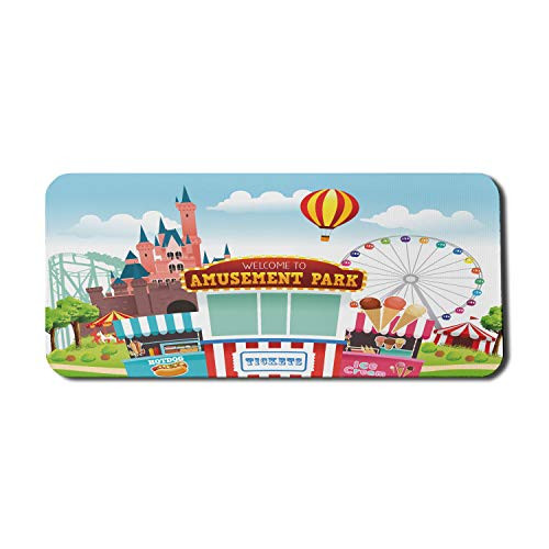 Lunarable Ferris Wheel Computer Mouse Pad, Vivid Childish Digital Cartoon of Amusement Park with Food Rides and Castle, Rectangle Non-Slip Rubber Mousepad X-Large, 35" x 15" Gaming Size, Multicolor