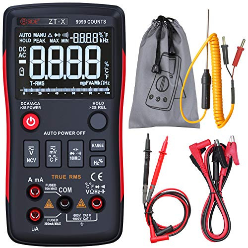 Bside True RMS Digital Multimeter 3 Line Display 9999 Counts Button Design Auto-Ranging Electricians DMM Temperature Capacitance Voltmeter with Alligator Clip