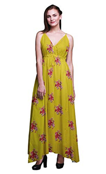 Bimba Floral Printed Women Long Maxi Beach Dress Strappy Summer Resort Wear-Medium Yellow